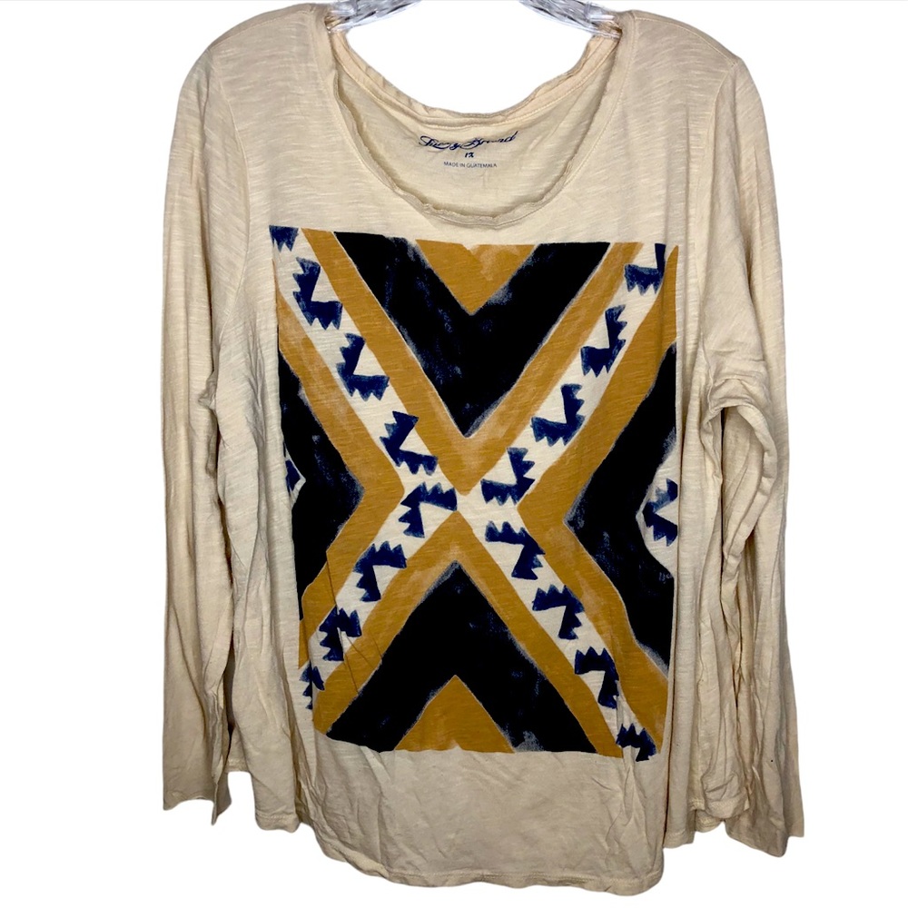 LUCKY BRAND Tan Navy Blue Boho Tribal Print Long Sleeve Shirt Top